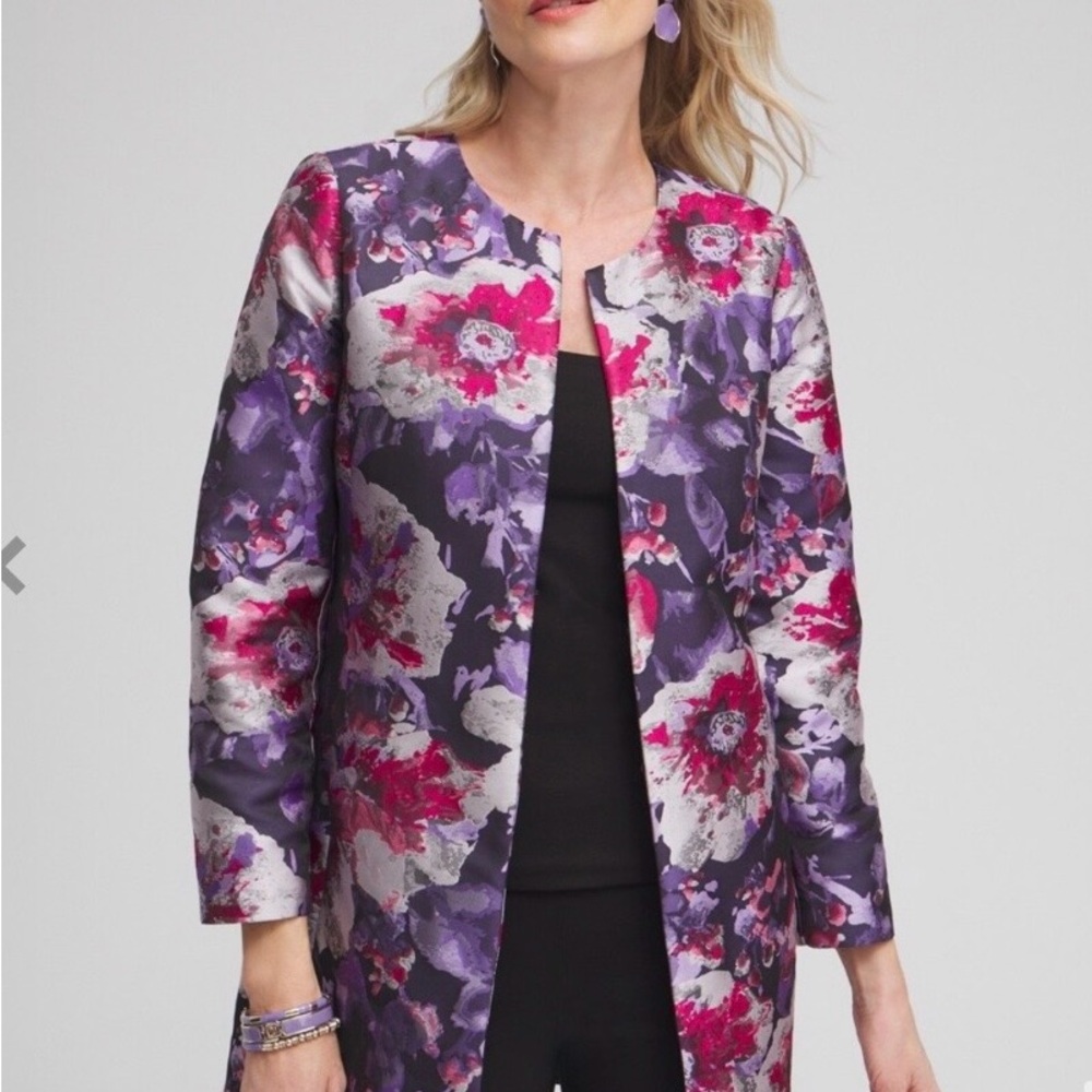 Chico's Floral Longline Blazer in Purple, Pink, White